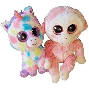 Ty Beanie Boos Plush Lot Spotted Unicorn Wishful &  Pink Monkey Ruby 7"